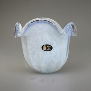 Vintage MURANO Glass Vase Wave Blue Frosted Glass Bowl Made In Italy 9” X 8”